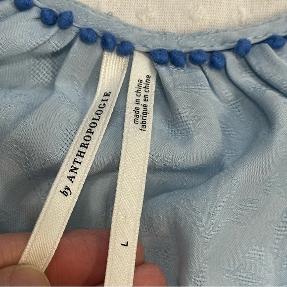 ANTHROPOLOGIE Sleek Jacquard Satin Twist Slouchy Faux Wrap Blouse Blue LARGE - Picture 8 of 11